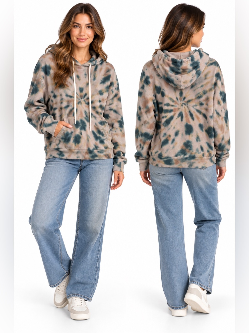 Monrow Sun Burst Tie Dye Pullover Hoody Tie-Dye Hoodie Gray & Green Size Medium
